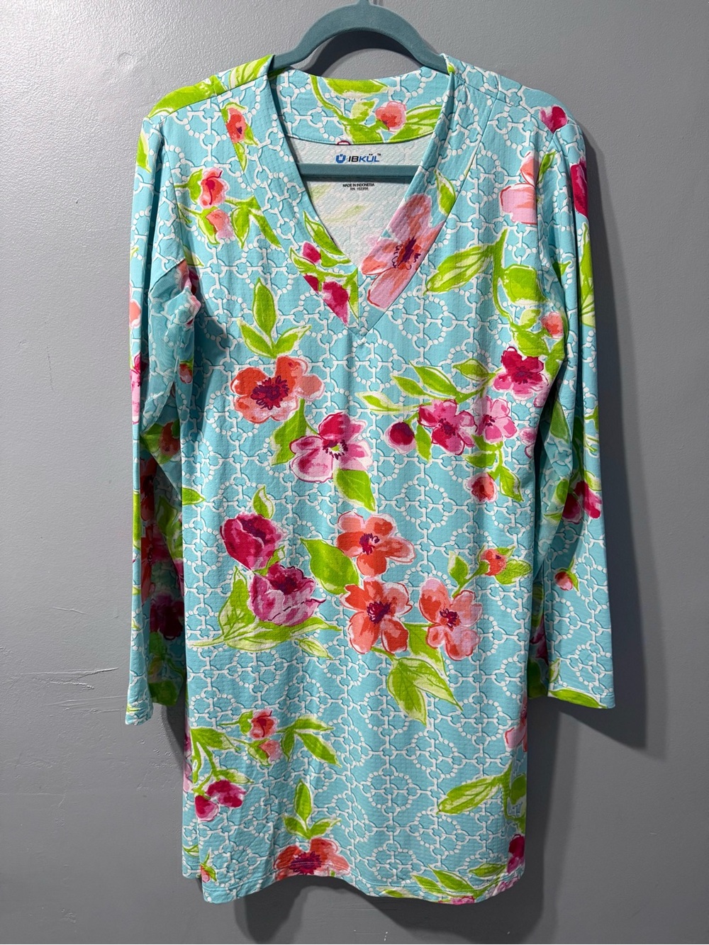 Ibkul Long Sleeve UPF 50+ Golf Dress Blue Green Floral Icefil Women Large